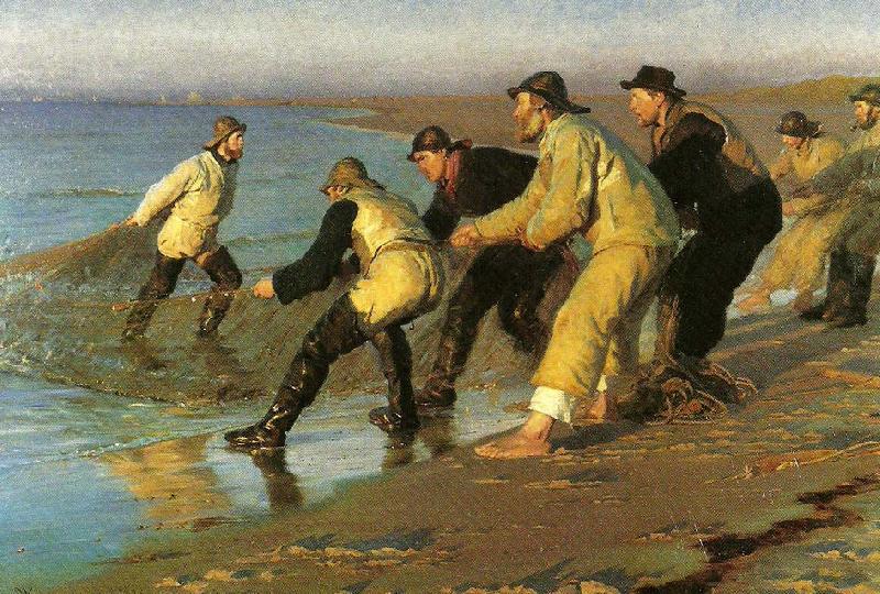 Peter Severin Kroyer fiskere traekker vod pa skagen nordstrand oil painting image